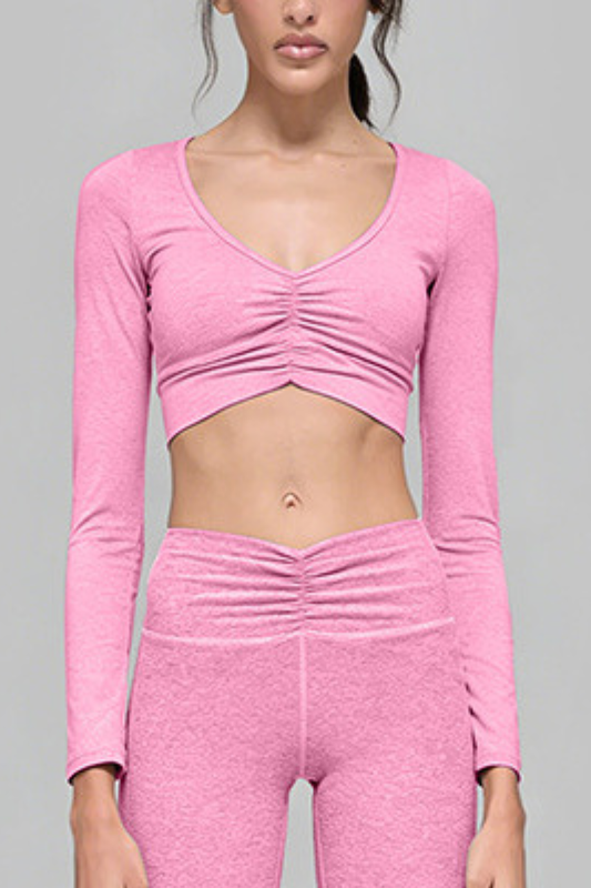 Women's Athletic V-Neck Ruched Cropped Long-Sleeve Top