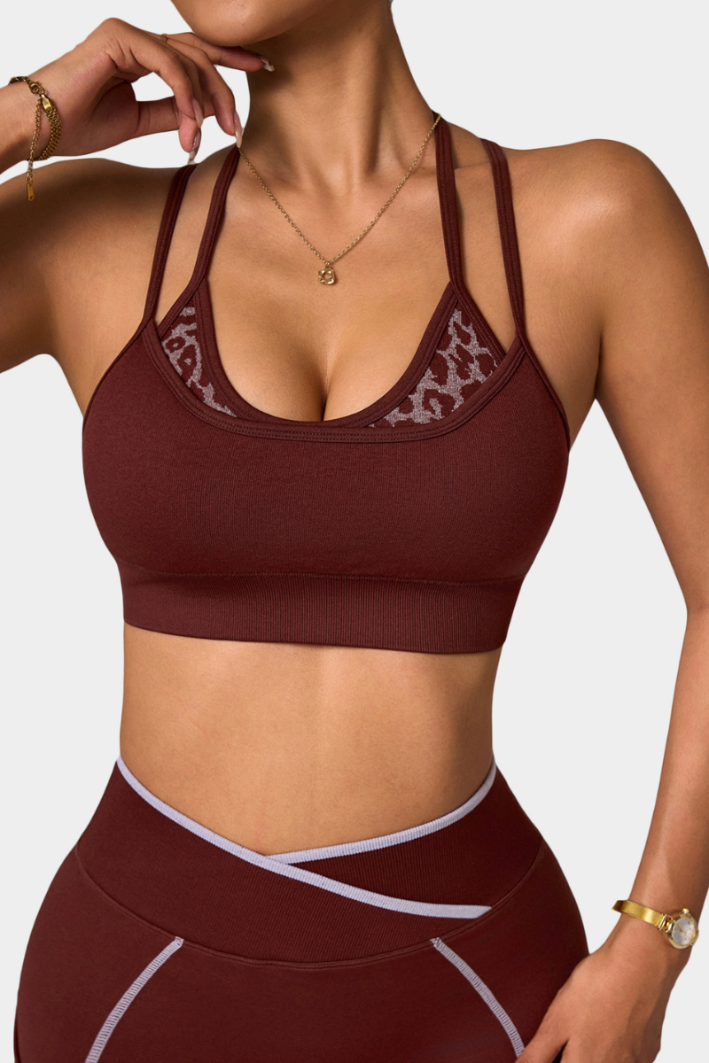 Women's Double Strap Leopard Splice Crisscross Back Sports Bra