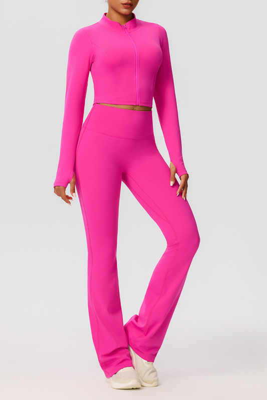 Women's Activewear Set:Stand Collar Jacket + Flare Pants
