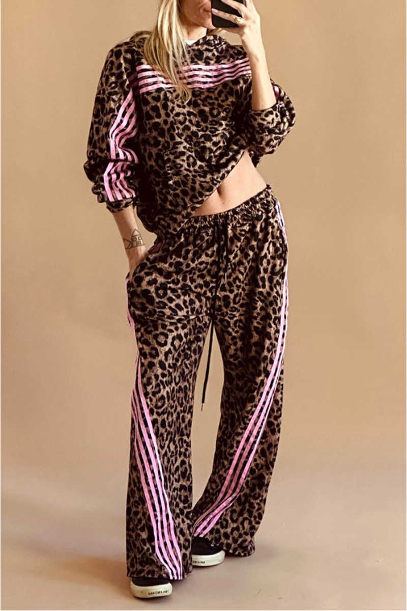 Women's Fall Leopard Print Sets:Side Stripe Hoodie And Pants