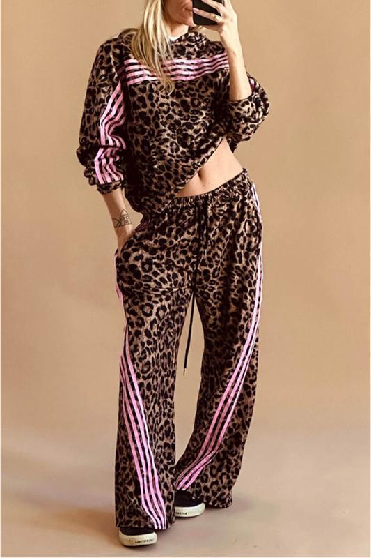 Women's Fall Leopard Print Sets:Side Stripe Hoodie And Pants