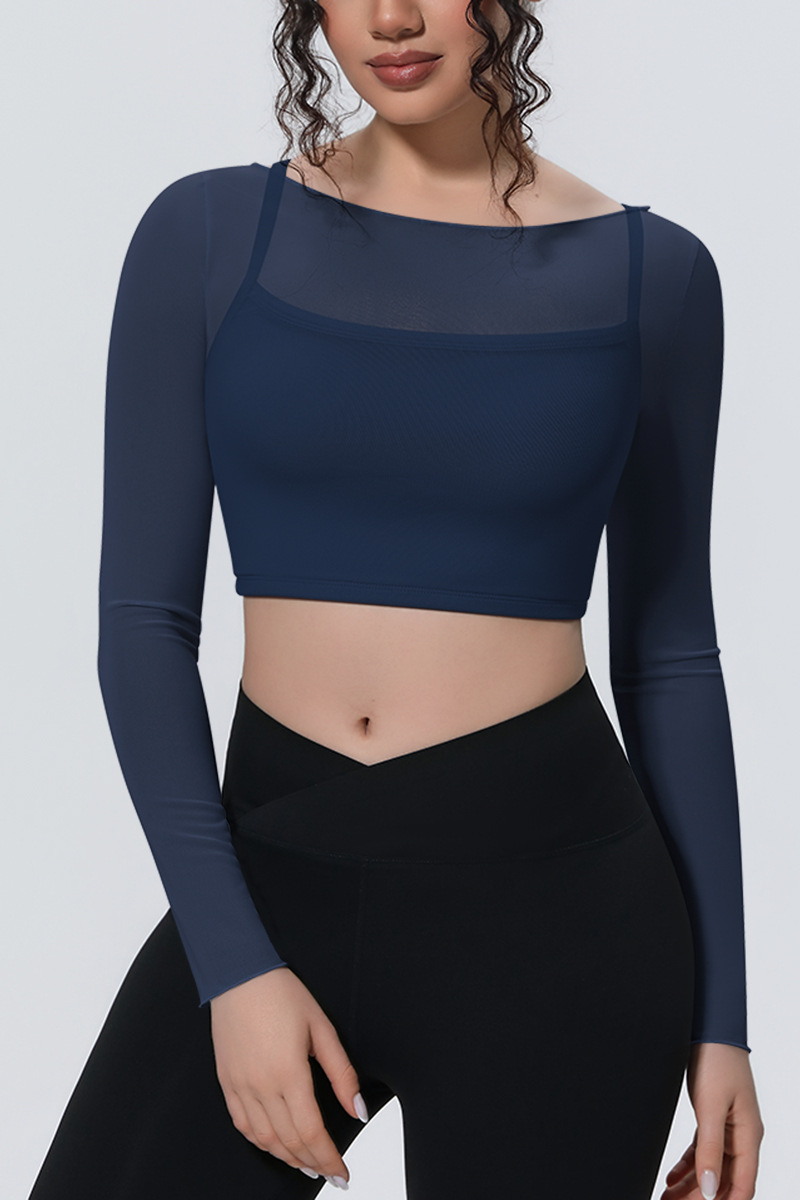 Women's Mesh Stitched Mock Two-Piece Long Sleeve T-shirt