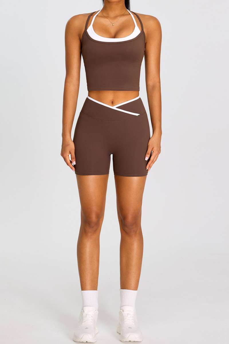 Women's Color-Block Cross-Back Tank Top And Shorts Sport Set