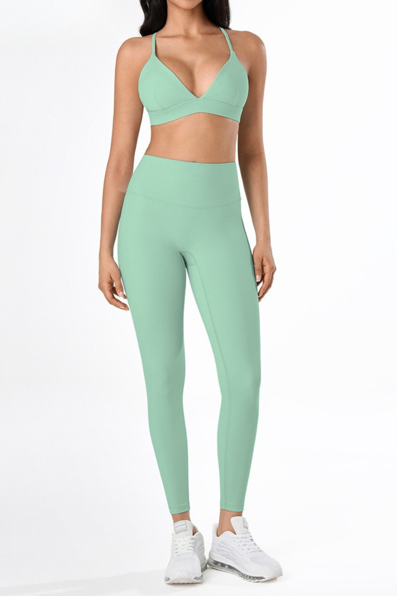 Women's Athletic Bare Feel Deep V-neck Bra And Leggings Sets