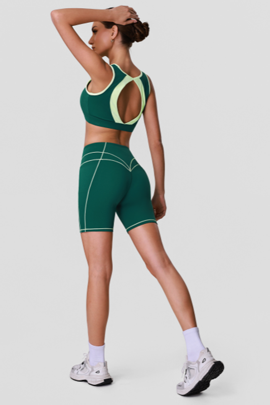 Women's Color Block Cutout Back Sports Bra & Shorts Set