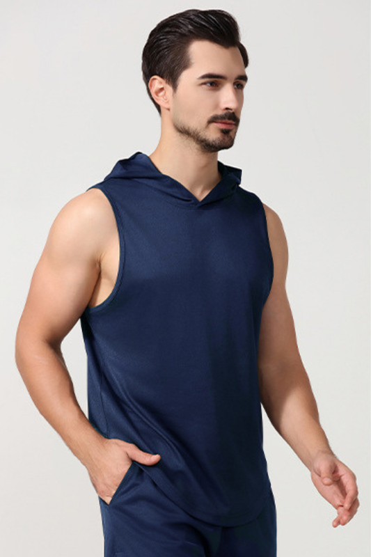 Men's Hooded Curved Hem Mesh Quick Dry Athletic Tank Top
