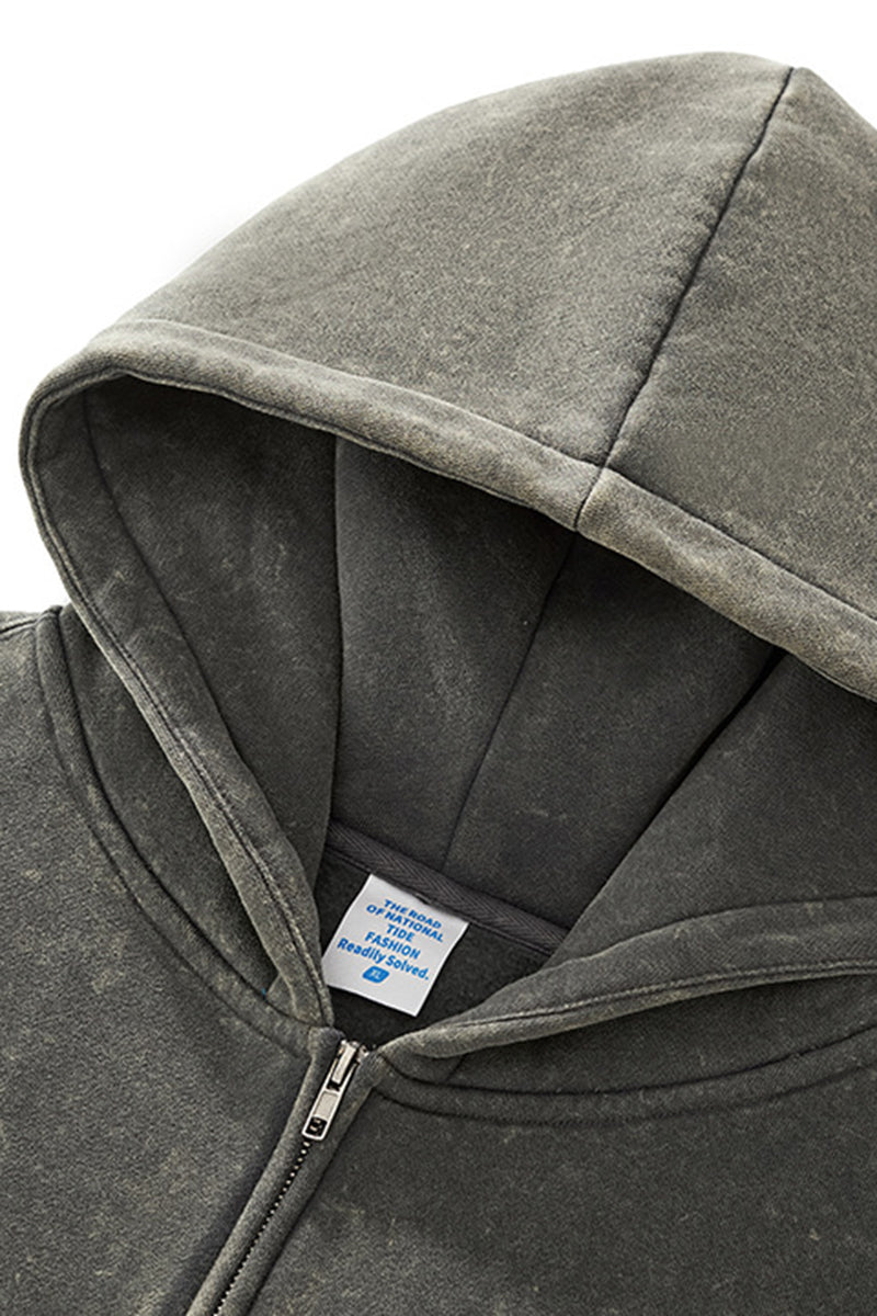 Unisex Washed Fleece Double-Zip Hooded Jacket