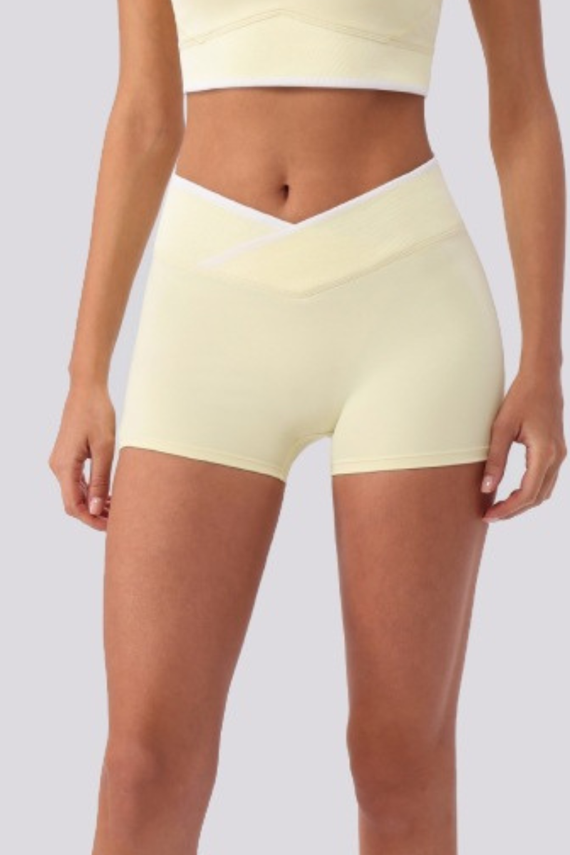 Women's Contrast Cross V Waist Bare Feel Yoga Shorts