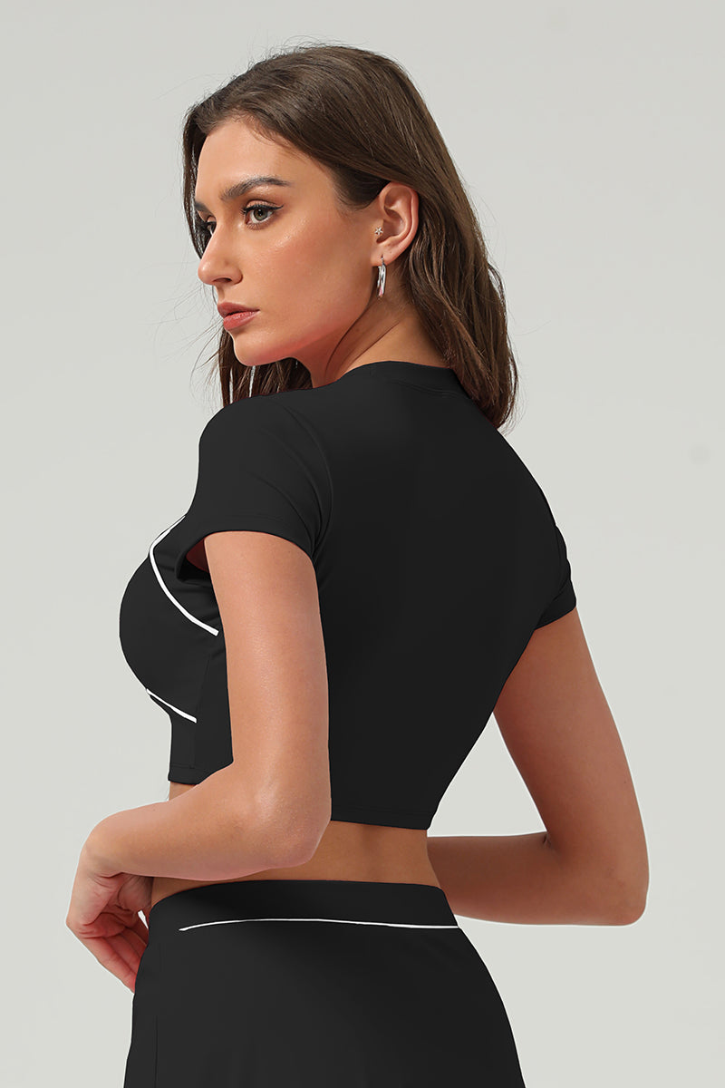 Women Summer Quick-Dry Color-Block Cropped Fitness Tee With Slim-Fit Design