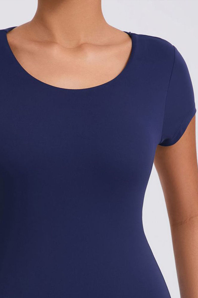 Women Short Sleeve Backless Hip & Tummy Tight Dance Sports Fitness Yoga Bodysuit