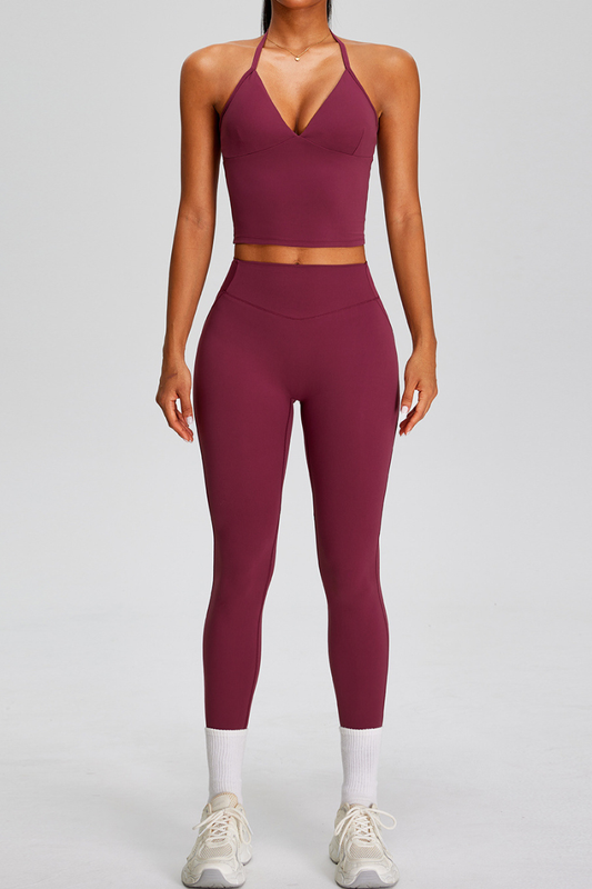 Women's Athletic Sets:Halter V-neck Tank Top And Leggings