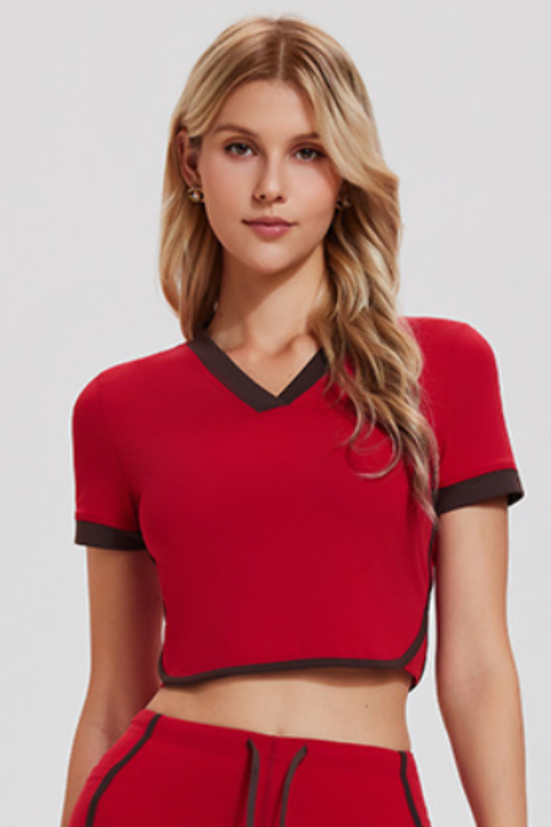 Women's Contrast Trim V-Neck Cropped Tennis T-shirt