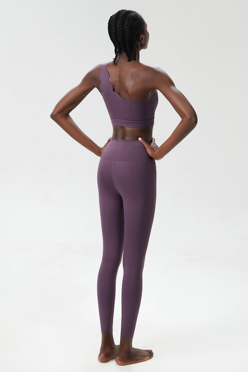 Women Wave Hem Liquid Yoga Set - One-Shoulder Bra & Sculpting Leggings