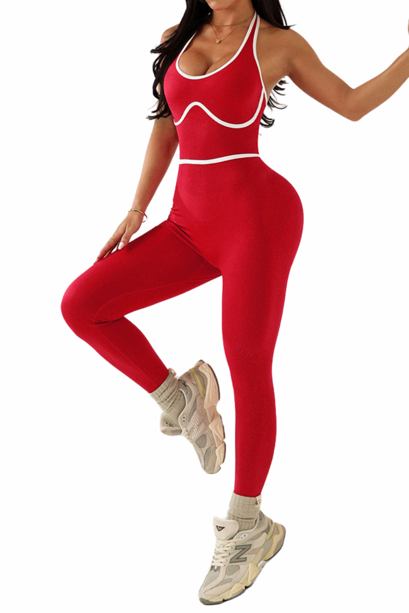 Women's Halter Cutout Back Striped Color-Block Yoga Jumpsuit