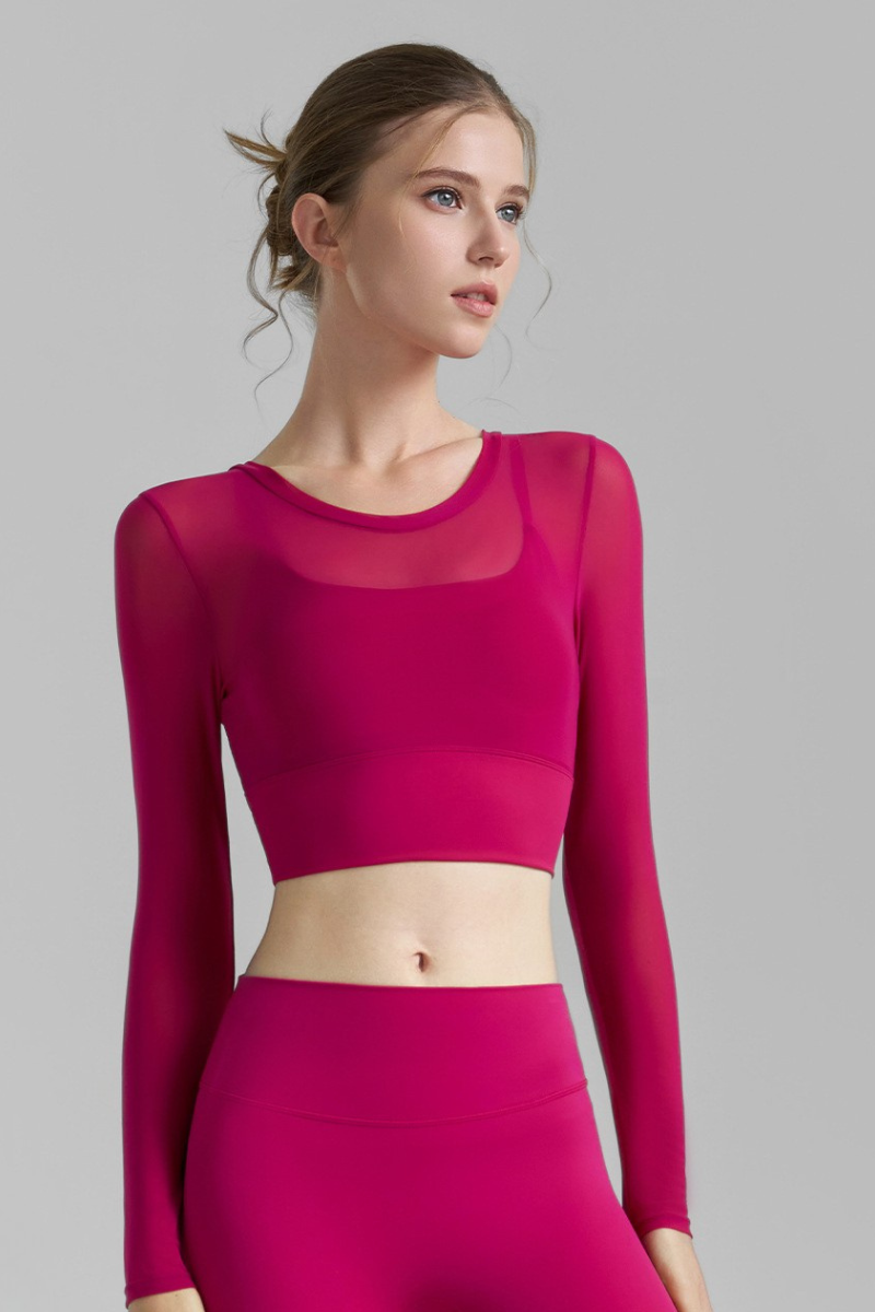 Women's Multi-Color Mesh Faux Two-Piece Cropped Yoga Top