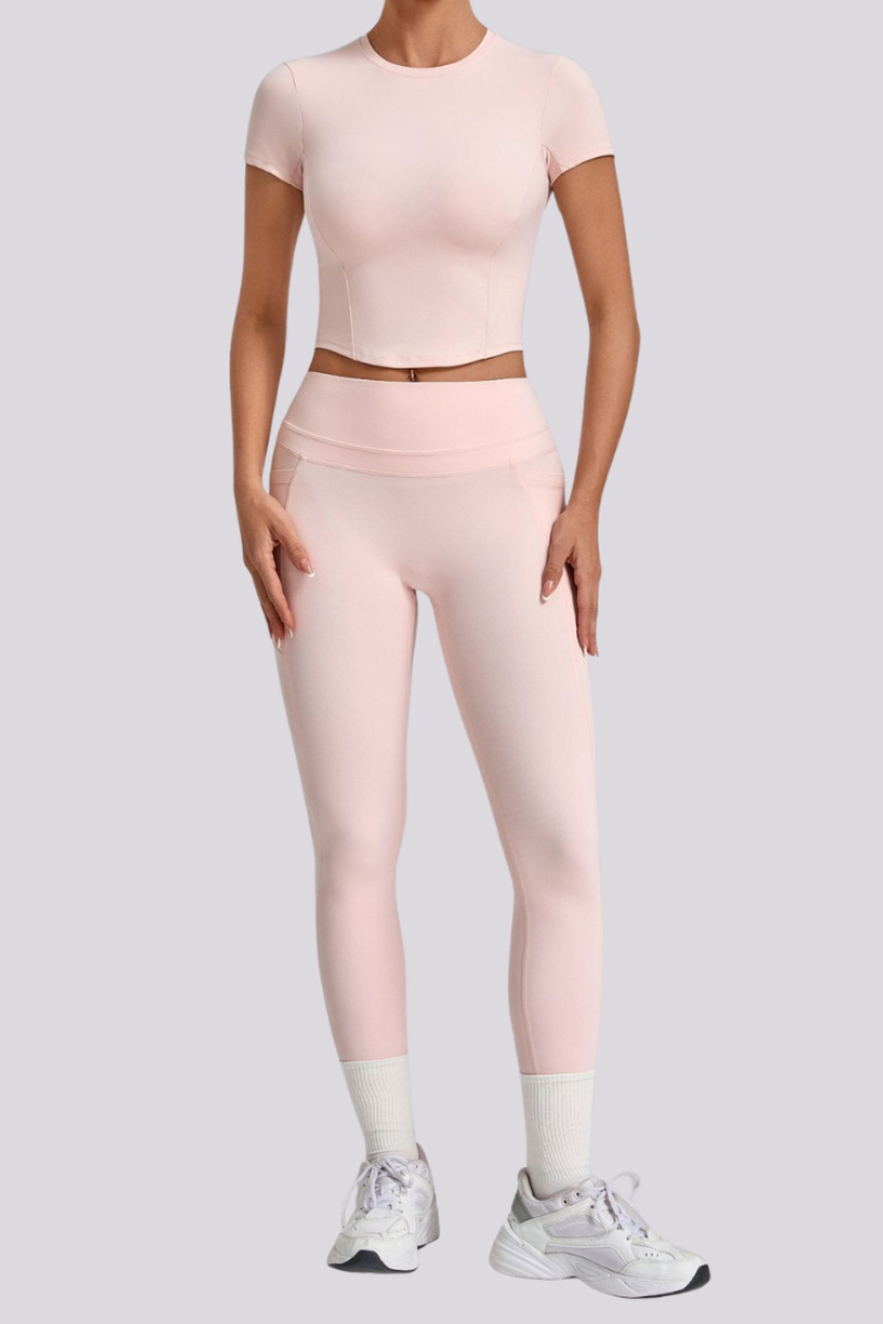 Women's Crew Neck T-shirt Pocket Leggings Yoga 2 Piece Set