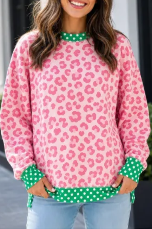 Women's Fall Leopard Polka Dot Contrast Splicing Pullover