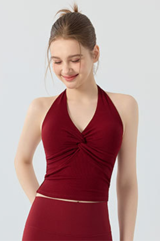 Women's Halter V-Neck Twist Front Padded Pilates Tank Top