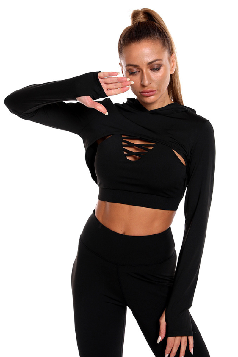 Women's Finger Cuff Cropped Solid Athletic Hooded