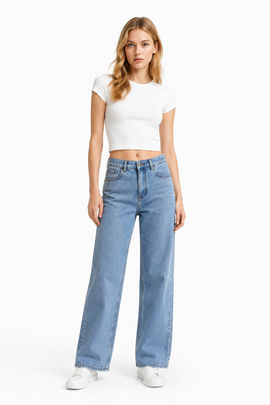 Women's Mid Waist Washed Straight Leg Jeans