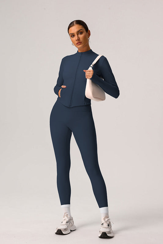 2 Pcs Set Solid Light Fleece Jacket + Belly Controlling Sports Leggings