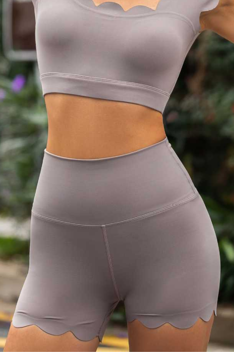 Women's High Waist Scalloped Hem Bare Feel Sports Shorts
