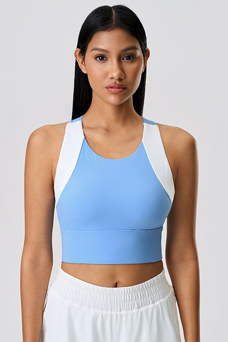 Women Color Block Short Built-In Bra Sculpting Cross Back Yoga Sports Tank Top