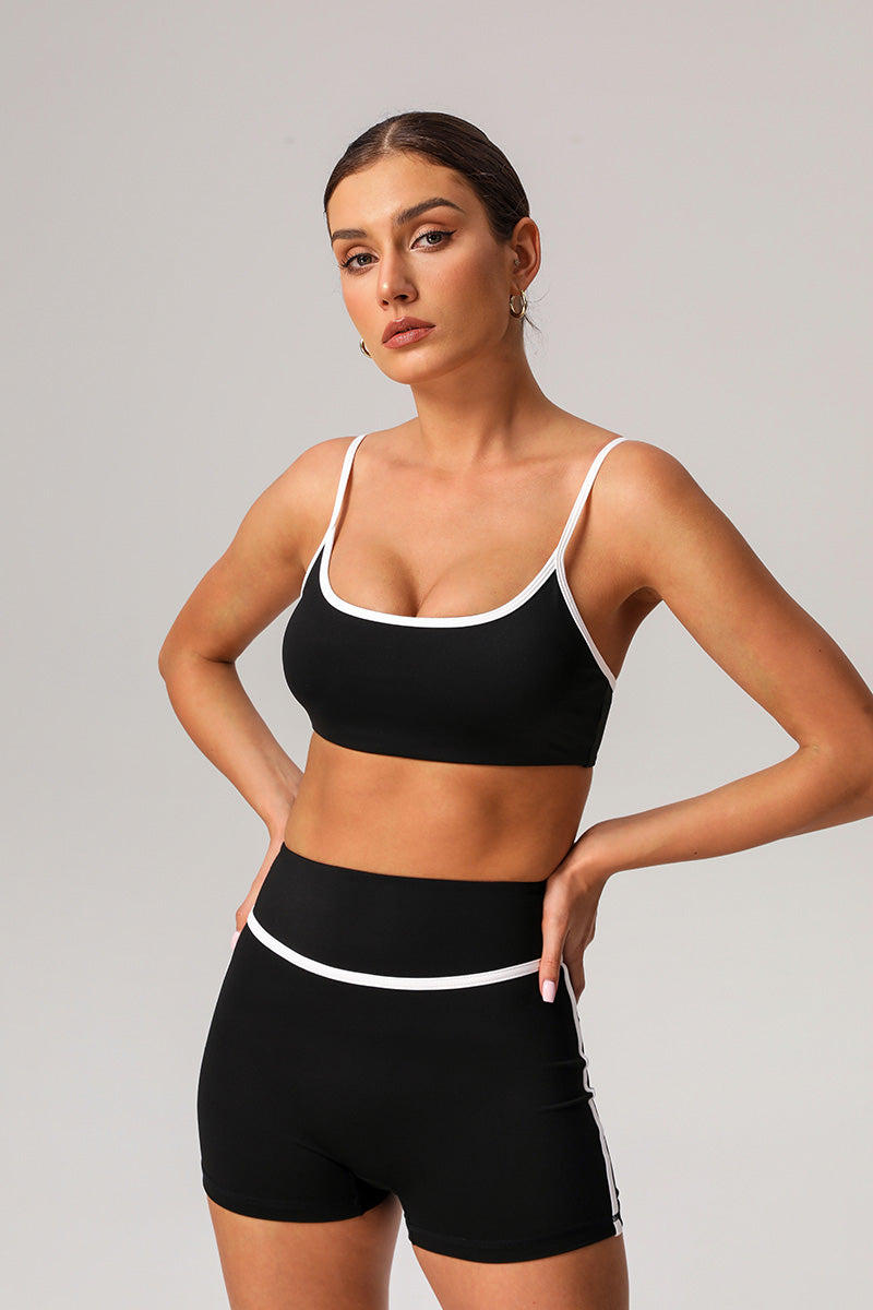 Women White Piping Yoga Sports Bras With Sports Shorts