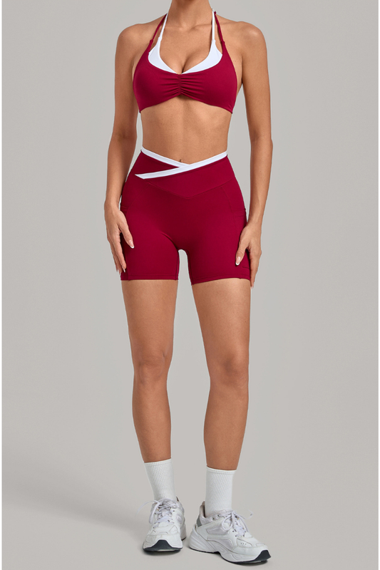 Women's Color Block Set:Halter Bra & V Waist Pocket Shorts