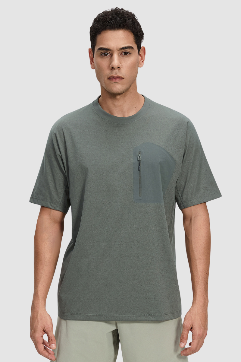 Men's Summer Round-Neck Zipper-Pocket Solid Sports Tee