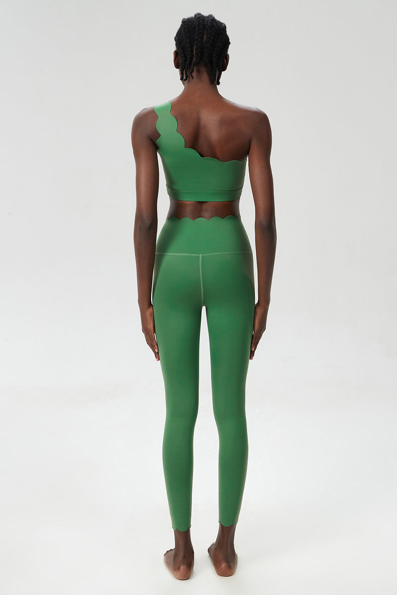 Women Wave Hem Liquid Yoga Set - One-Shoulder Bra & Sculpting Leggings