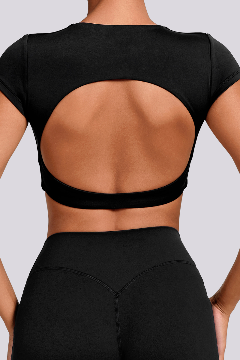 Women's Athletic Cut Out Back Cropped Solid T-shirt