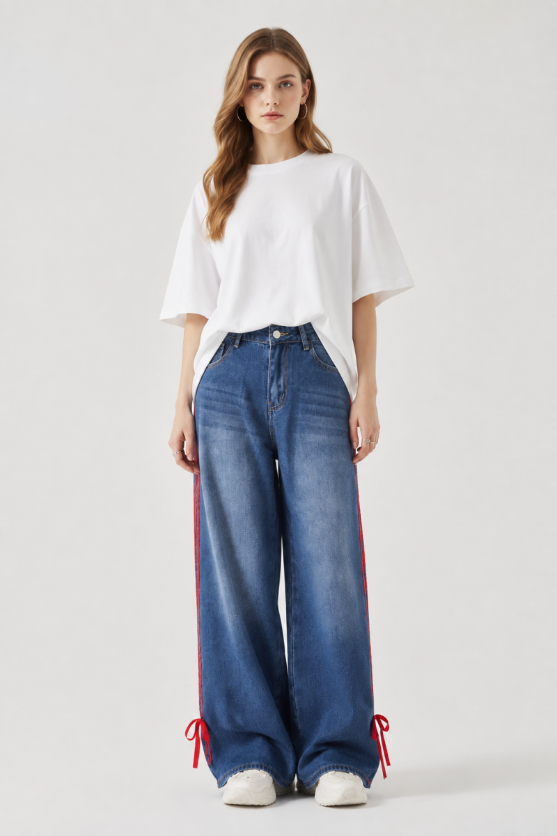 Women's High Waist Wide Leg Jeans with Red Side Stripe