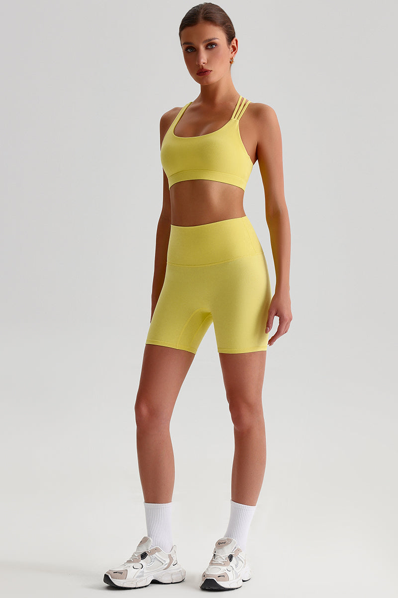 Women Naked Sensation Yoga Shorts Set: Cross-Back Bra + High-Waisted Sculpting Shorts