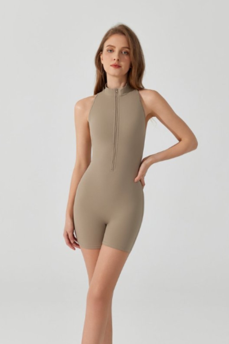 Women's Half Zip Pleated Buttocks Lift Sports Yoga Jumpsuits
