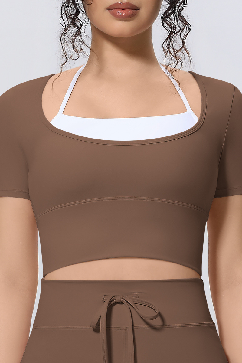Women Athletic Fake Two Color Block Cropped Halter T-shirt