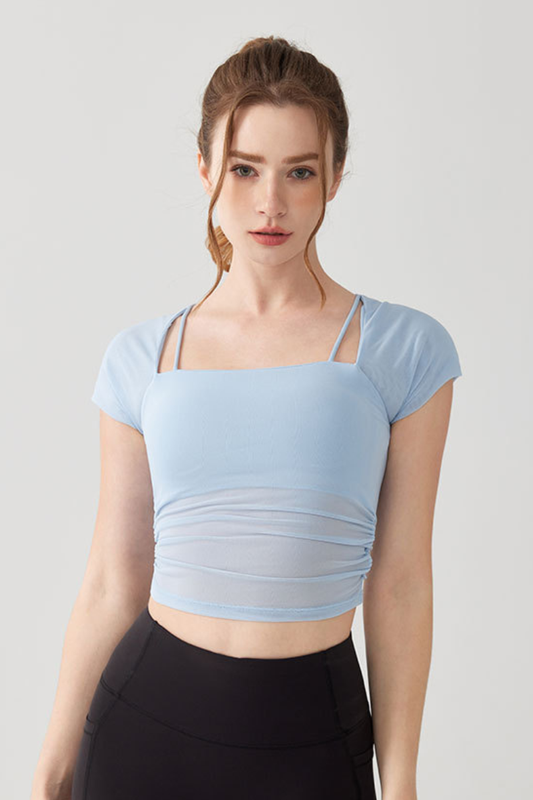 Women's Mesh Sheer Layer Faux Two-Piece Padded Athletic Tee