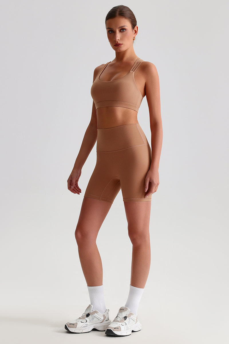 Women Naked Sensation Yoga Shorts Set: Cross-Back Bra + High-Waisted Sculpting Shorts