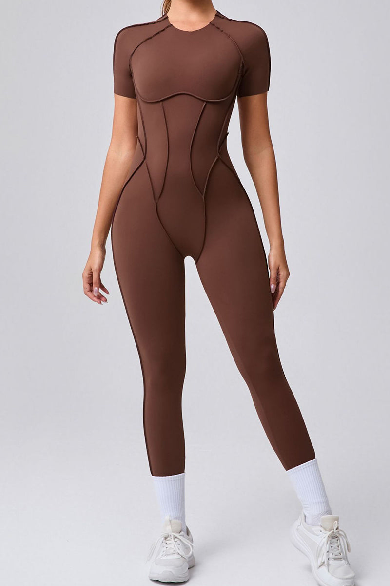 Women Stereoscopic Backless Skinny Short Sleeve Long Pants One Piece Sports Yoga Bodysuit