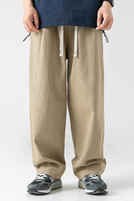 Men's Fall 100% Cotton Washed Drawstring Fleece-Lined Pants