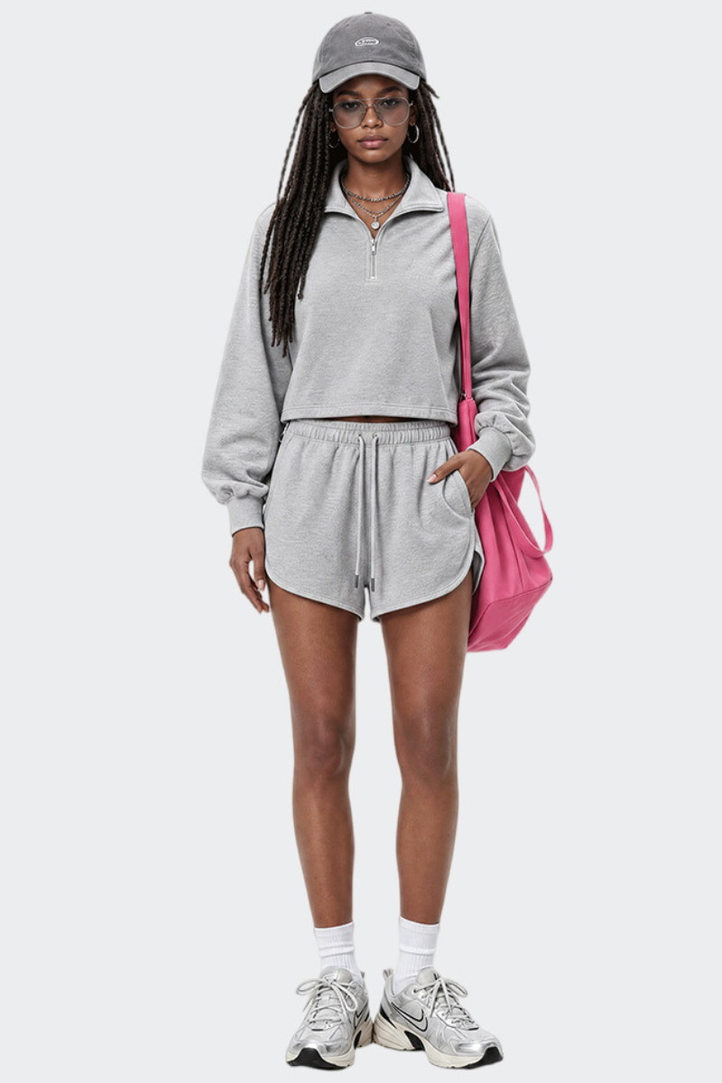 Women's Fall Half Zip Stand Collar Sweatshirts And Drawstring Shorts