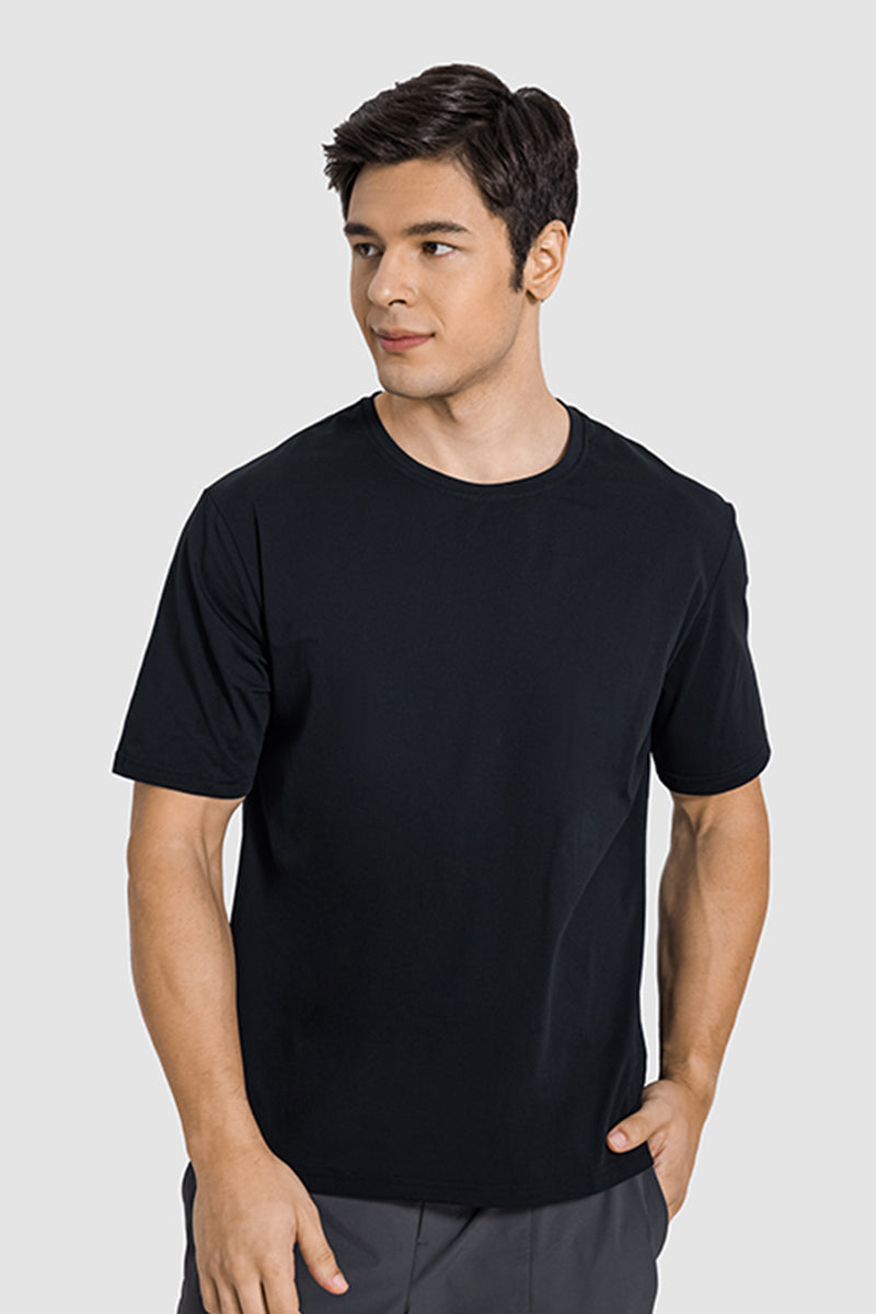 Men Casual Short Sleeve Quick-Dry Breathable Elastic Fitness Running Round-Neck Solid Color T-Shirt