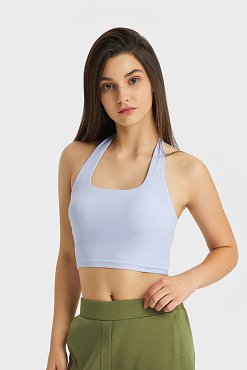 Women Sexy Halter Seamless Ruching Back Sports Bra
