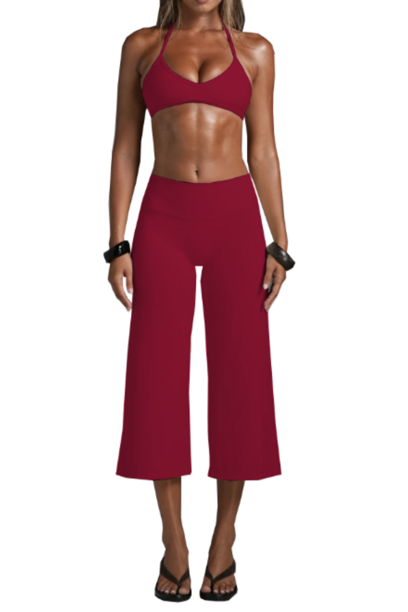 Women's Halter V-Neck Triangle Cup Sports Bra & High-Waist 7/8 Wide-Leg Yoga Pants Set