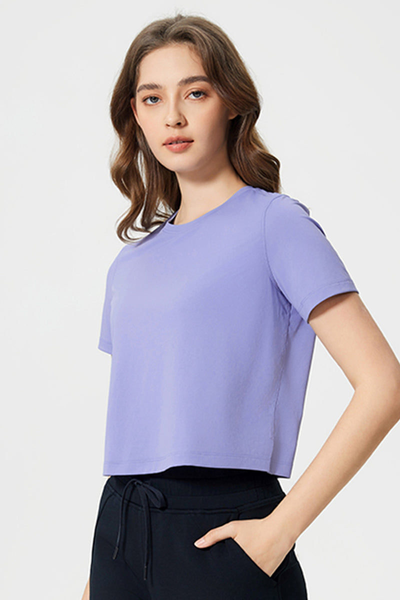 Women Round Neck Cropped Loose Quick-Dry Cool Touch Yoga Workout T-Shirt