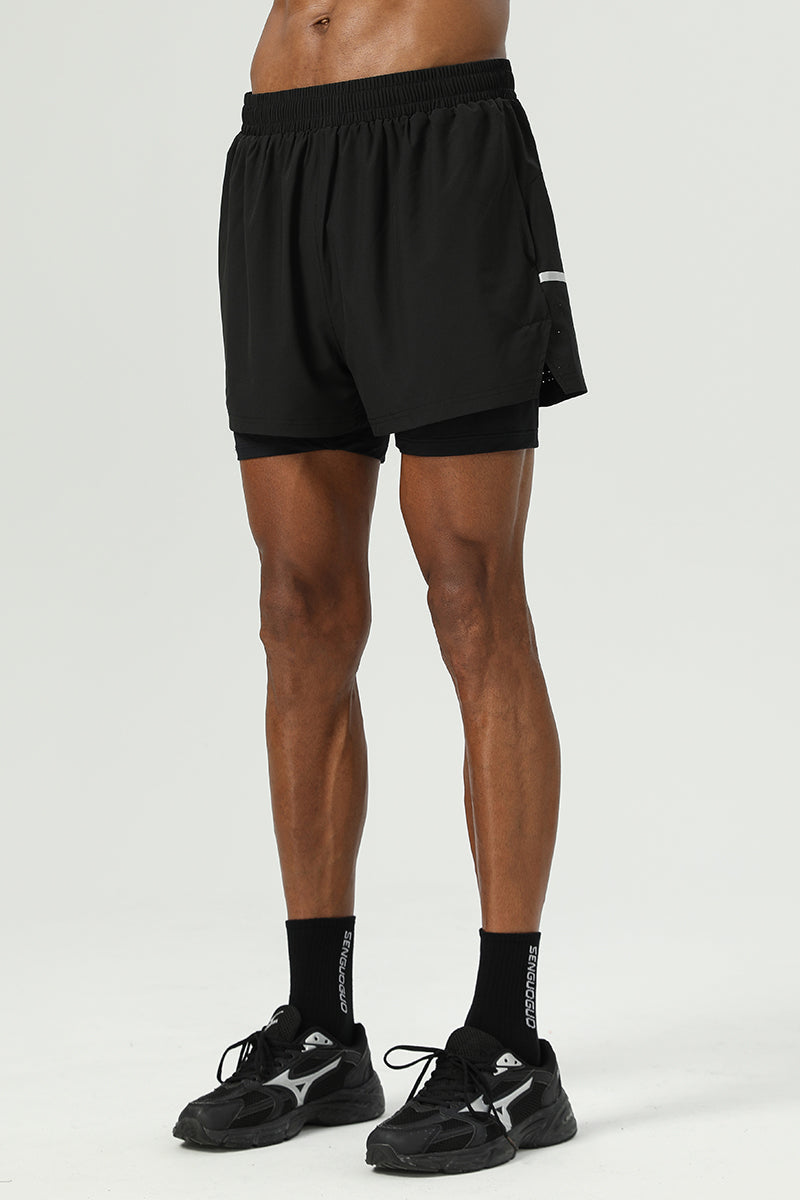Men 2-In-1 Compression Running Fitness Shorts Four-Way Stretch Cooling Fake Two-Piece Workout Sport Shorts