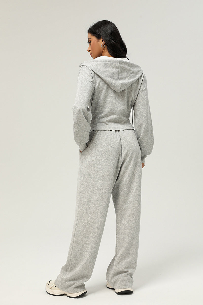 2 Pcs Set Zippered Jacket Hooded Casual Cardigan Jacket + High Waist Drawstringwide Leg Pants