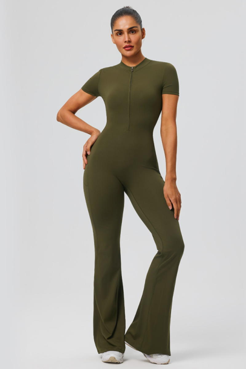 Women's Athletic Short Sleeve Half Zipper Flare Jumpsuit