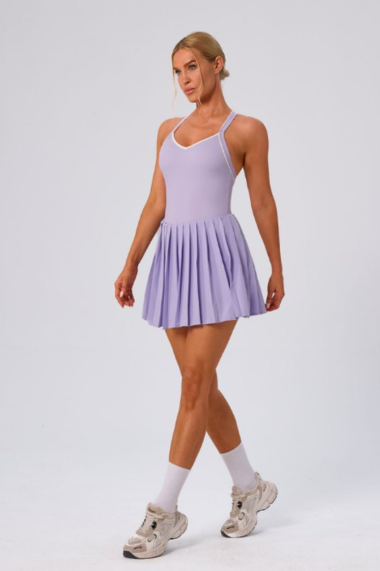 Women's Color Block V-Neck Cross-Back Pleated Tennis Dress