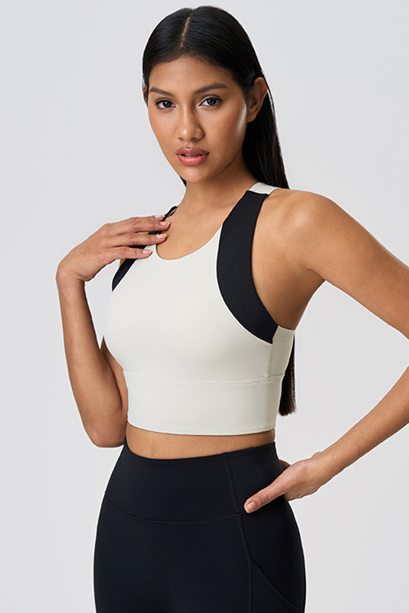 Women Color Block Short Built-In Bra Sculpting Cross Back Yoga Sports Tank Top